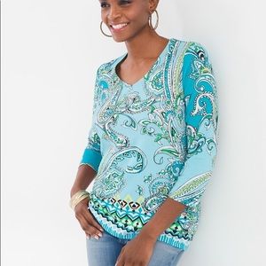 Chico’s Cool Paisley V-neck top in blue color